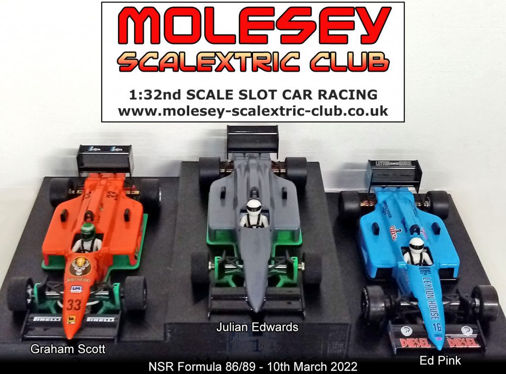 Molesey Scalextric Club podium 10th March 2022 NSR Formula 86/89