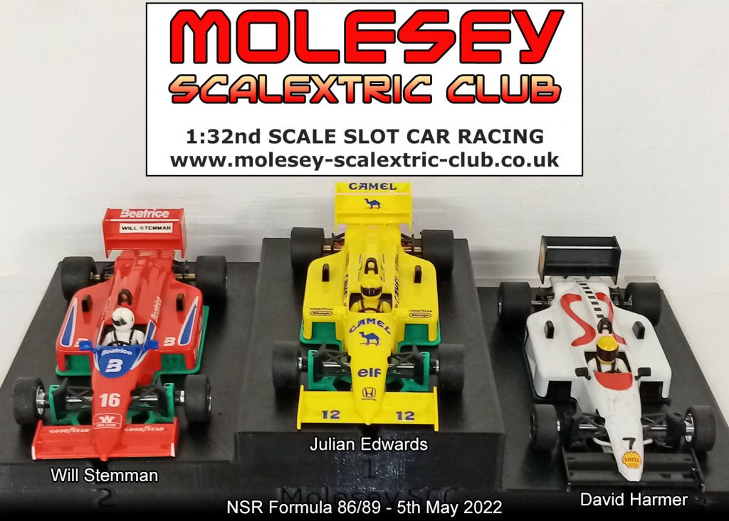 Molesey Scalextric Club podium 5th May 2022 NSR Formula 86/89
