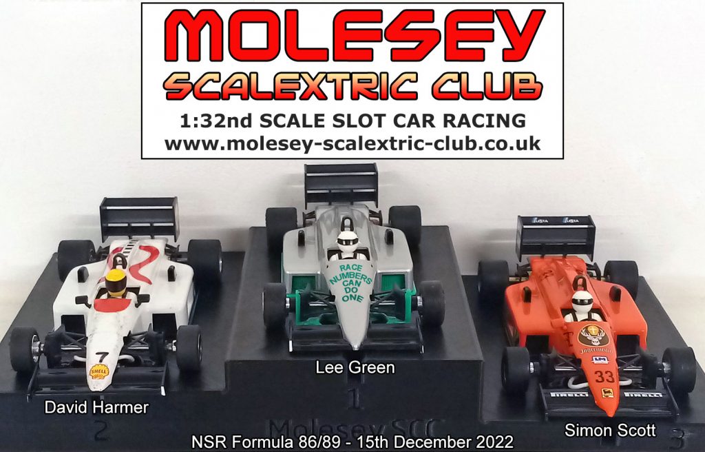Molesey Scalextric Club 2022 podium NSR Formula 86/89 December 15