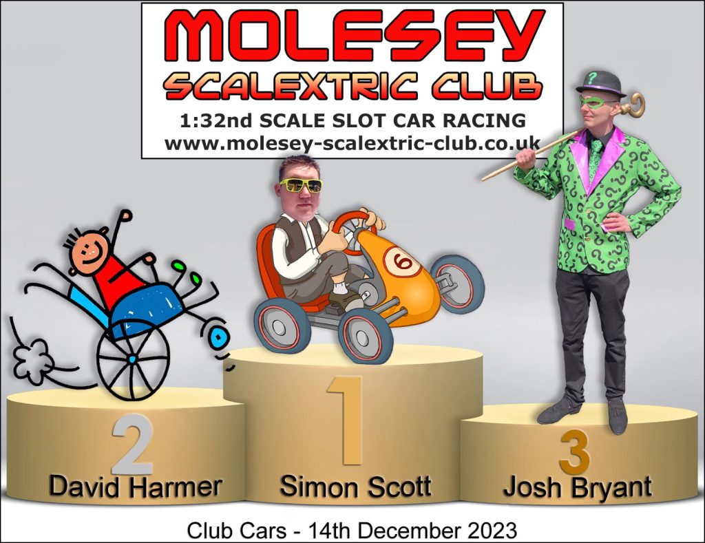 Molesey Scalextric Club 2023 podium Dec 14