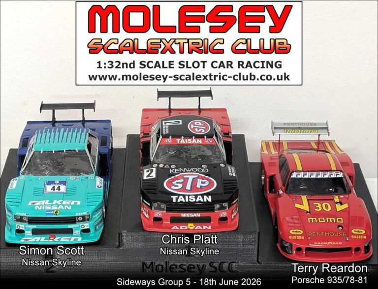 Molesey Scalextric Club 2026 podium Sideways Group 5 June 18